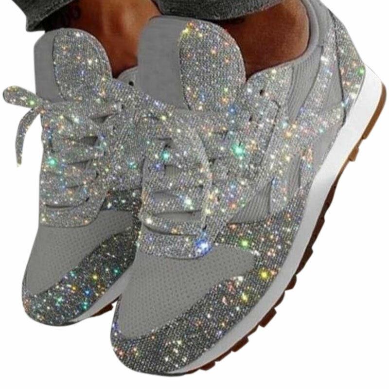 Женские кроссовки с блестками и блестками Sparkle Trainer Sports Jogger Running Lace Up Shoes