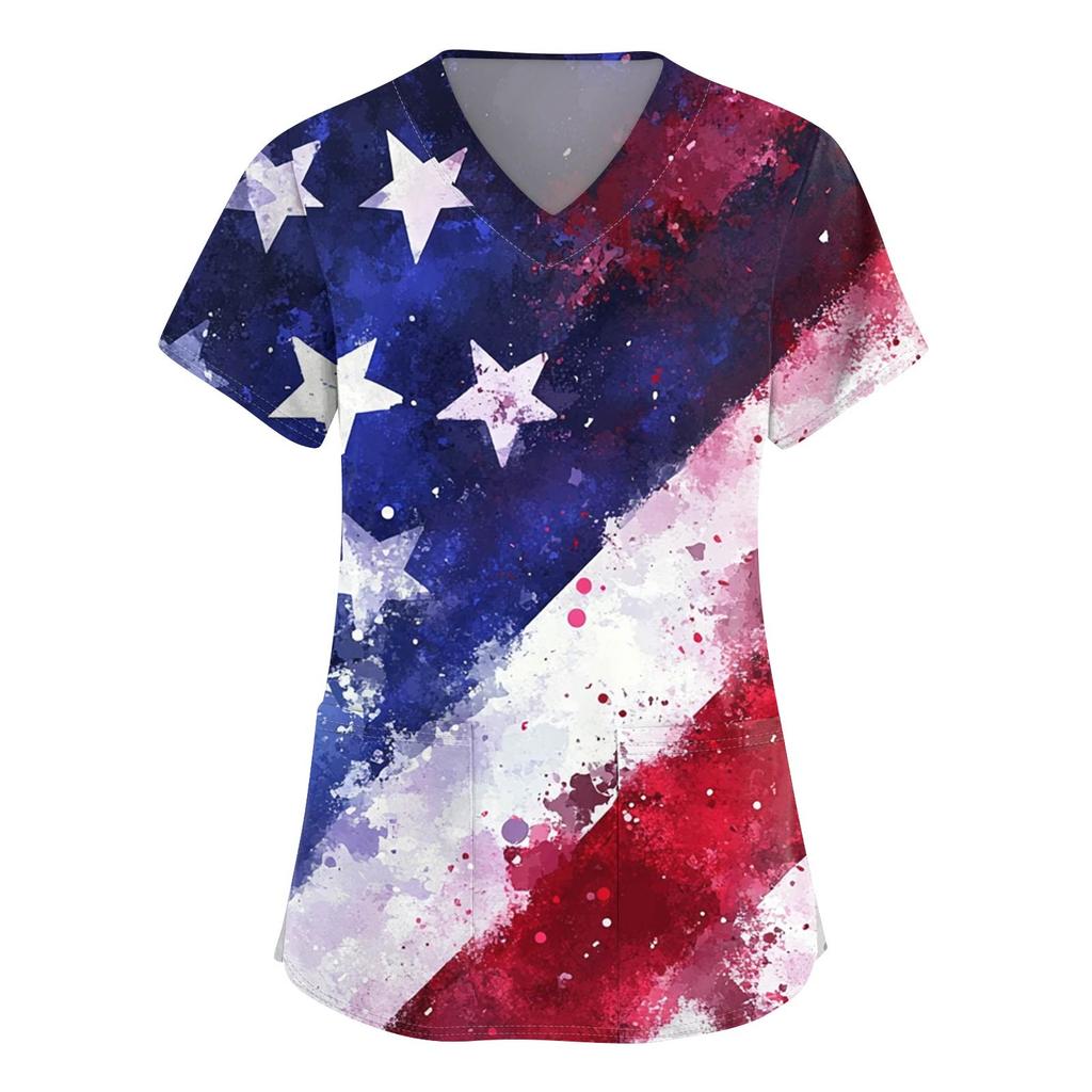Women's Short Sleeve Independence Day Printed V-Neck Pocket Workwear Top