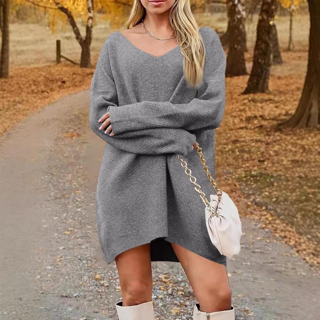 Women's Fashion Casual V-neck Long Sleeve Rib Knitted Sweater Dress
