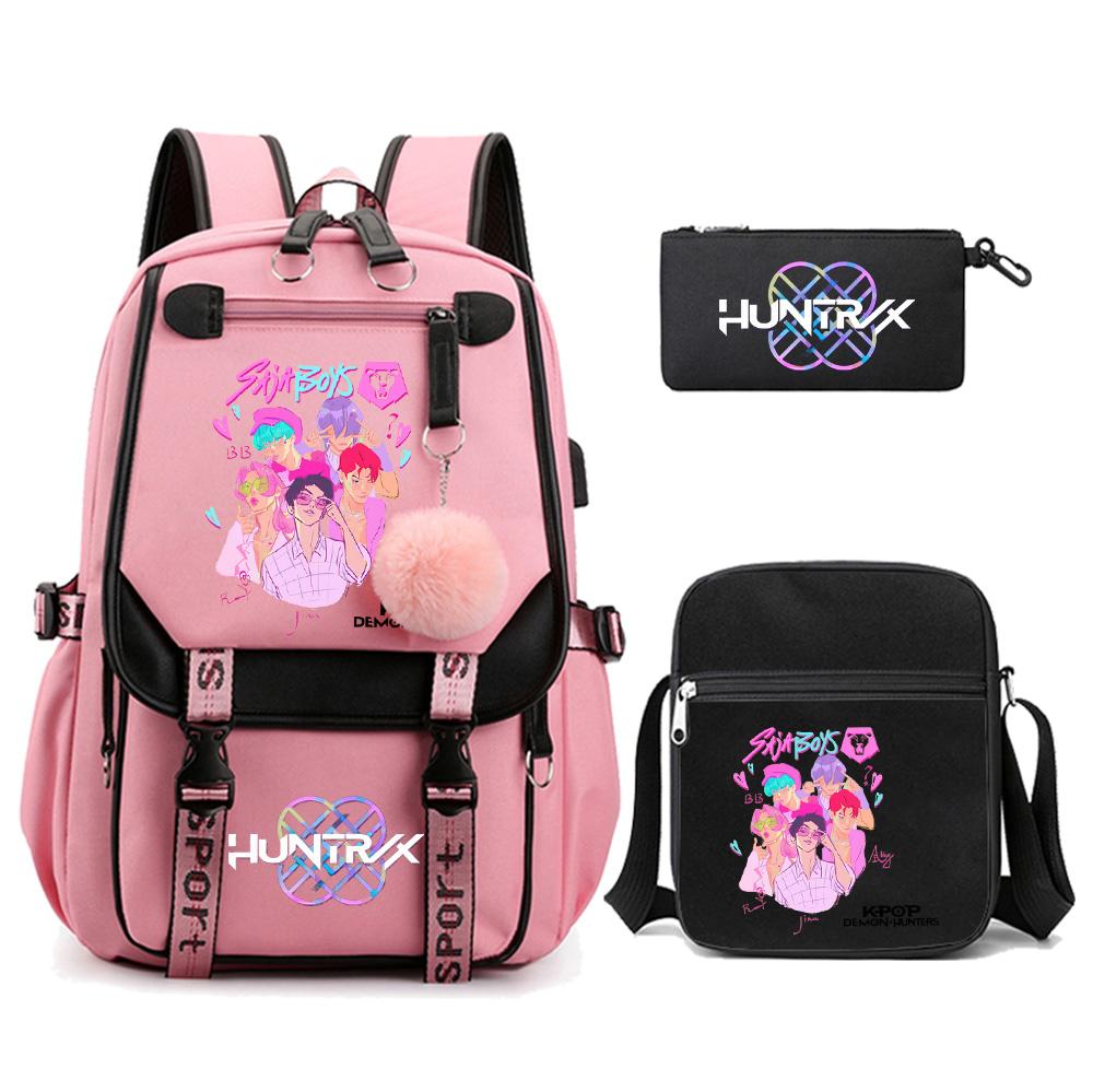 3Pcs/set Anime Cute Kpop Demon Hunters Printed Backpack with Shoulder Bag Pencil Case for Teenager Girl Boy Bookbag Large Capacity Travel Bag Kid Gift