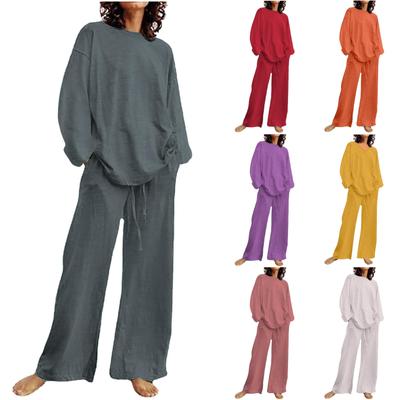 Женский повседневный топ с круглым вырезом и длинными рукавами, эластичный пояс, карманные брюки, однотонный костюм