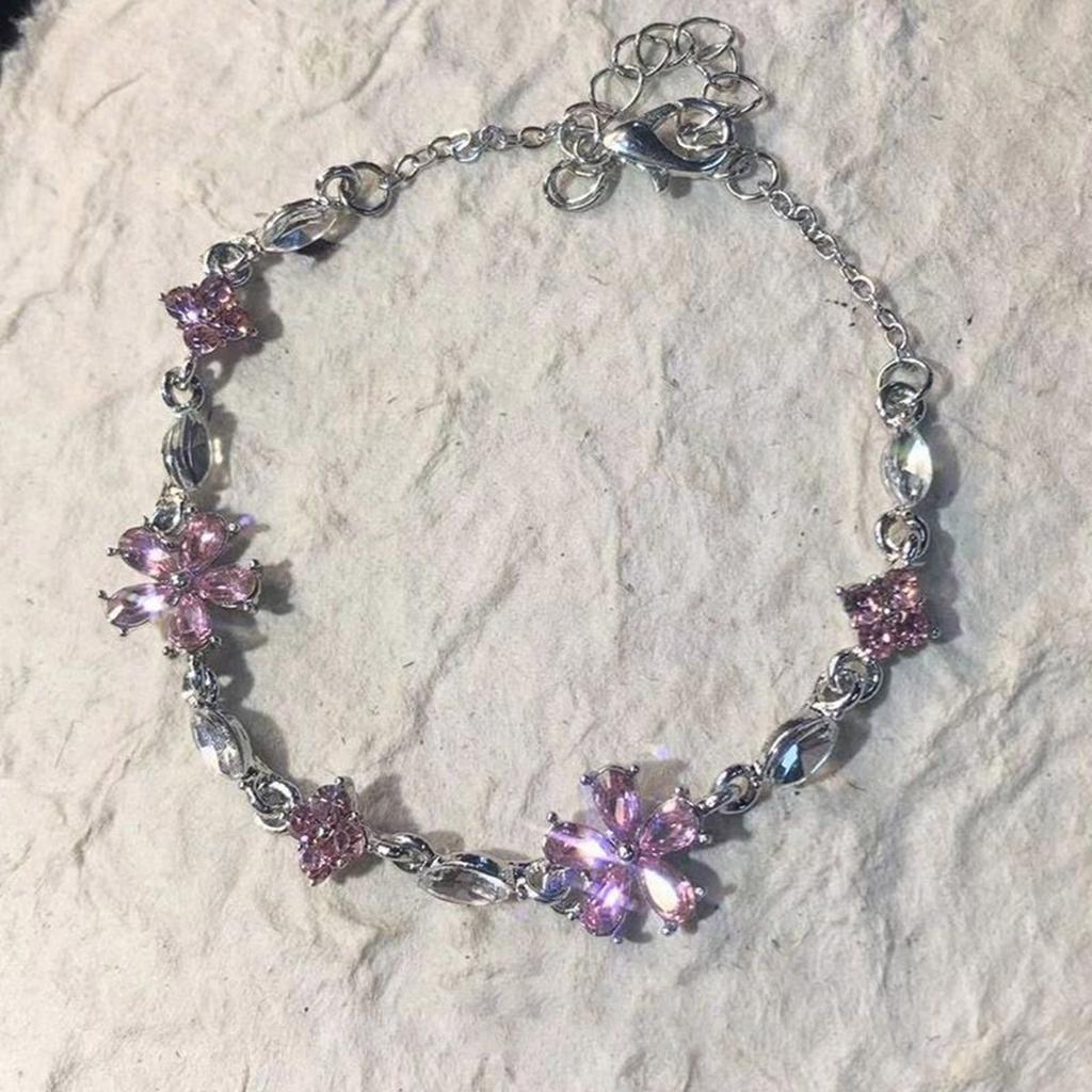 Elegant Pink Crystal Zircon Sakura Flower Bracelet Adornment for Women and Girls Cherry Blossom Jewelry Gift