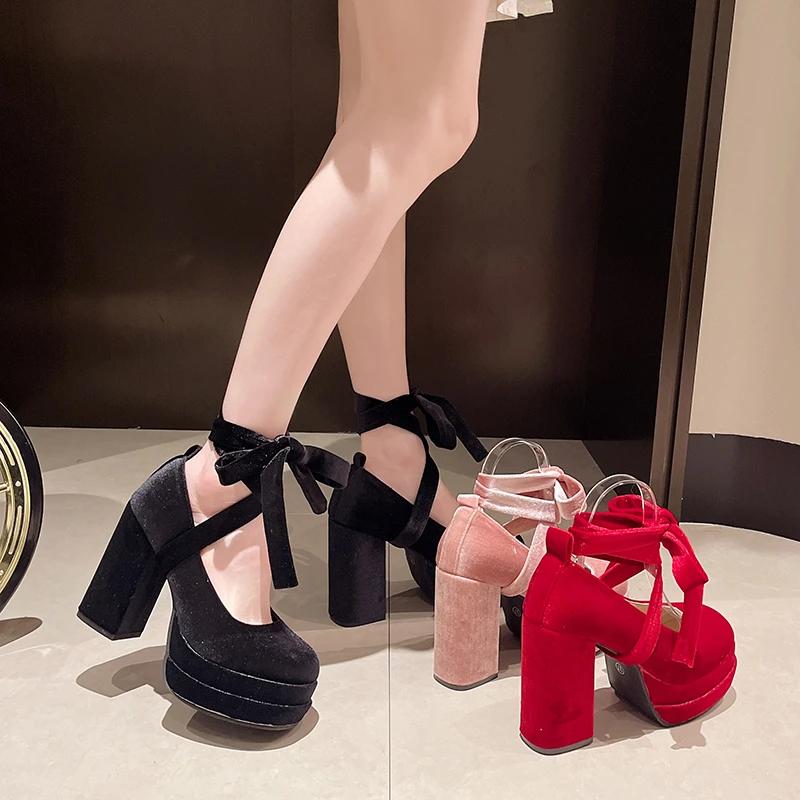 2024 Designer Platform Women Mary Jane Shoes Ladies 2024 Cross-tied Thick High Heel Footwear Women's Elegant Dress Pumps Shoes