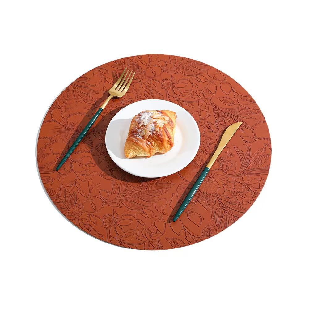 Round Floral Leather Place Mats 34cm, Heat Resistant Non-Slip Washable, Dual-Sided Two-Color Kitchen Coffee Table Mats for Home