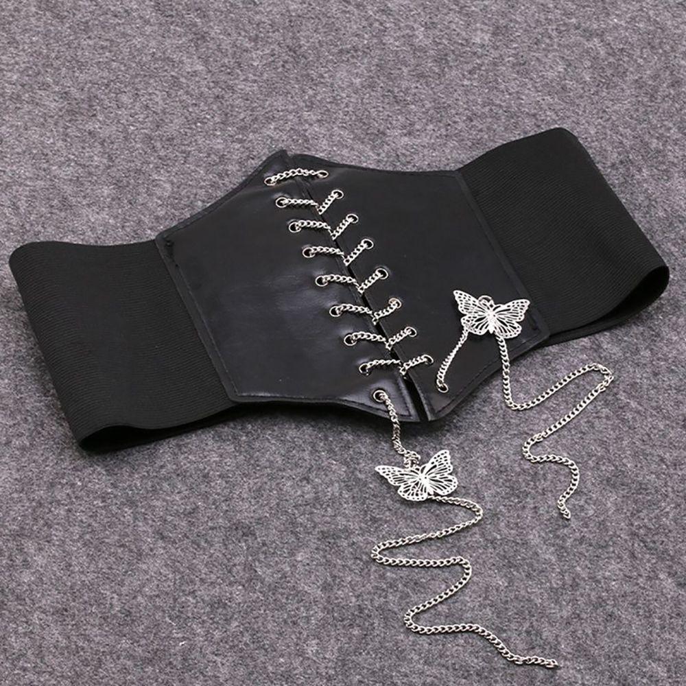 Female Korean Dress PU Leather High Waist Cummerbunds Waist Belt Female Waistband Butterfly Chain