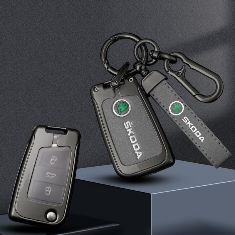 Zinc Alloy Leather Car Flip Remote Key Fob Case Cover Bag For Skoda Octavia Kodiaq Karoq Protector Shell Keychain Accessories EH4