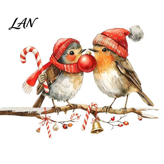 Festive Watercolor Art Decor Christmas Birds on Tree Branch Wall Sticker, Cute Bird Decal DIY Holiday Room with Ball, Candy Cane, Bell for Bedroom,