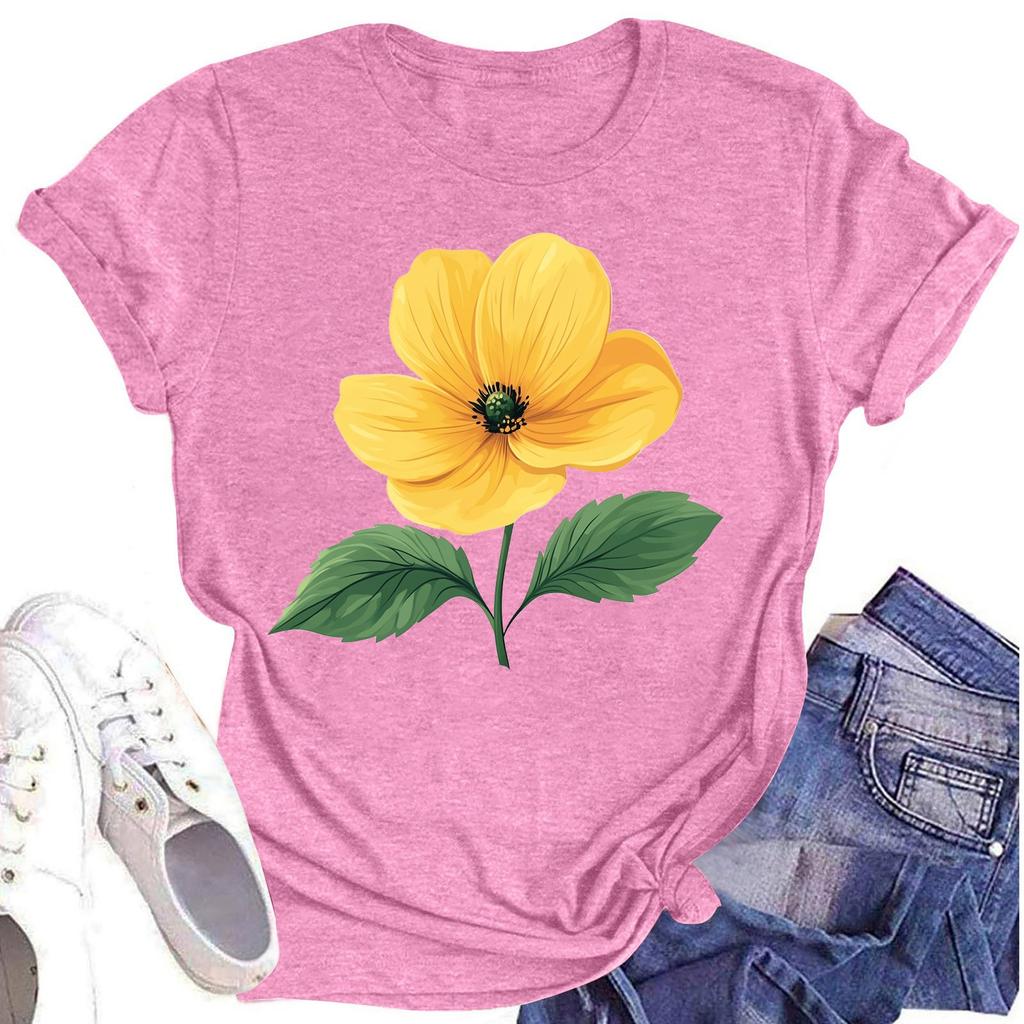 Женская повседневная футболка с круглым вырезом и цветочным принтом, короткий рукав