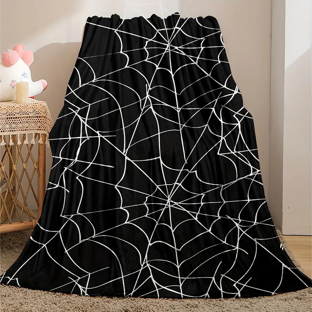 Flannel Blanket Spider Web Pattern Black White Gothic Decorative Throw for Sofa Couch Bedroom Halloween Atmosphere Creating
