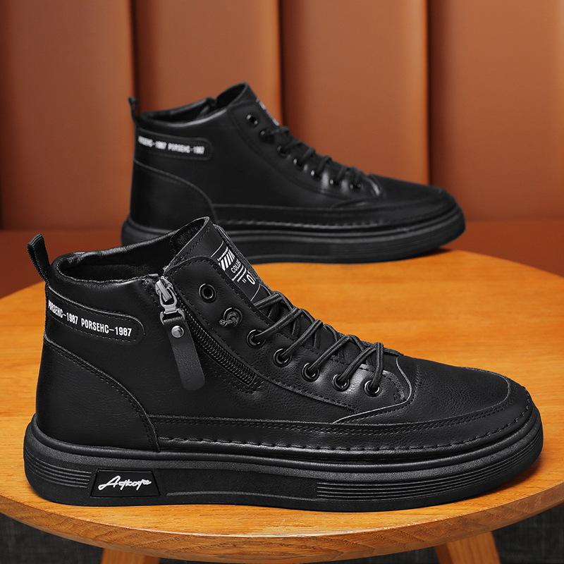 Spring New Casual Flats Shoes for Men Fashion Comfortable Soft Leather Mid-top Sneakers Male Boots Side Zipper Plate Shoes Tenis