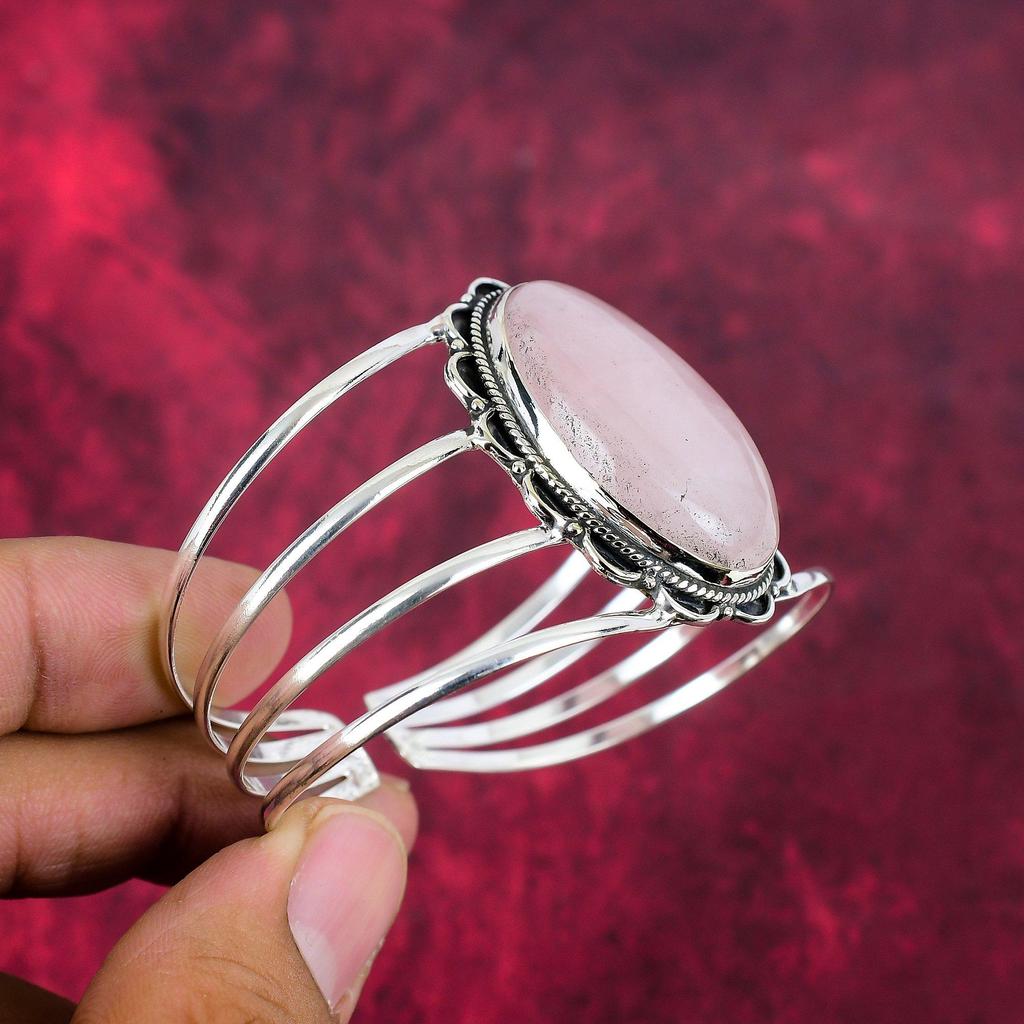 Rose Quartz Handmade Latest Design Jewelry Bangle, 925 Solid Sterling Silver Gemstone Bangle, Gift For Mother