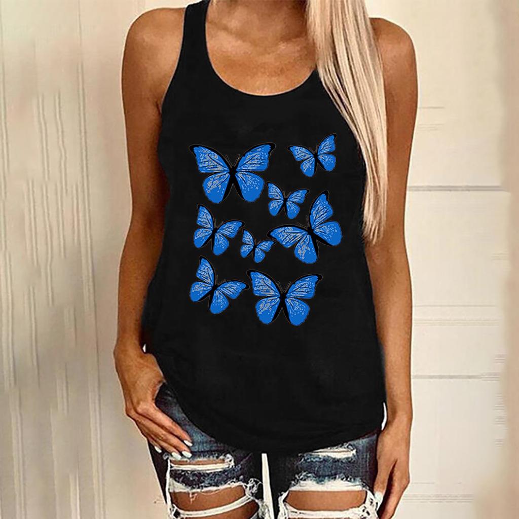 Women's Casual Fashion Loose Round Neck Colorful Butterfly Print Undershirt Tops