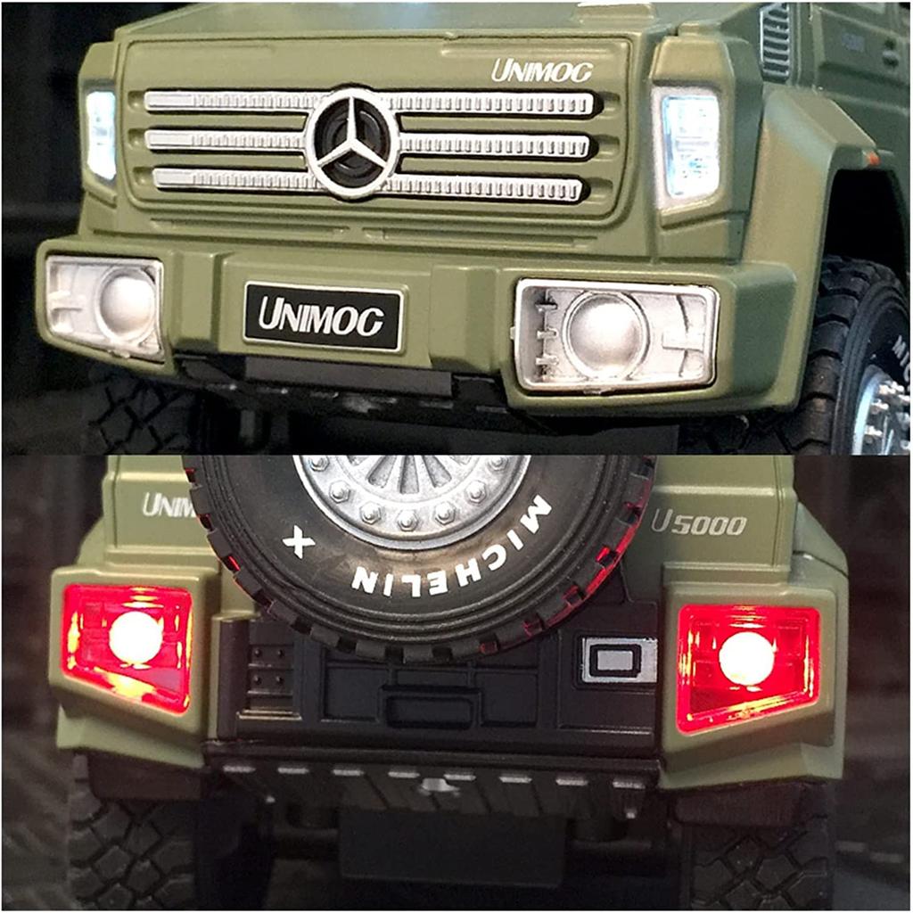 Масштаб 1/28 Unimog U5000, литая под давлением модель автомобиля, игрушечный автомобиль с откатным механизмом, звуком и светом для детей, коллекция подарков для мальчиков и девочек