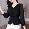Черная шифоновая рубашка с V-образным вырезом, женская одежда, весенний новый стиль, облегающая рубашка, маленький и модный топ