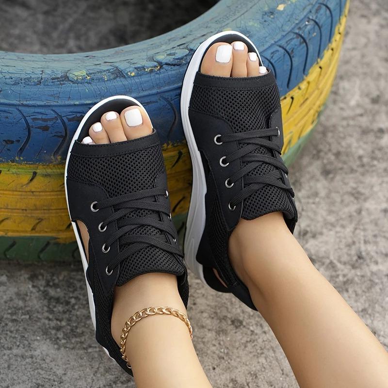 Контрастные Панели Вырезы Шнуровка Маффин Сандалии Удобные Тапочки на Танкетке Женские Летние С Открытым Носком Стильные Дышащие Впитывающие Пот Обувь