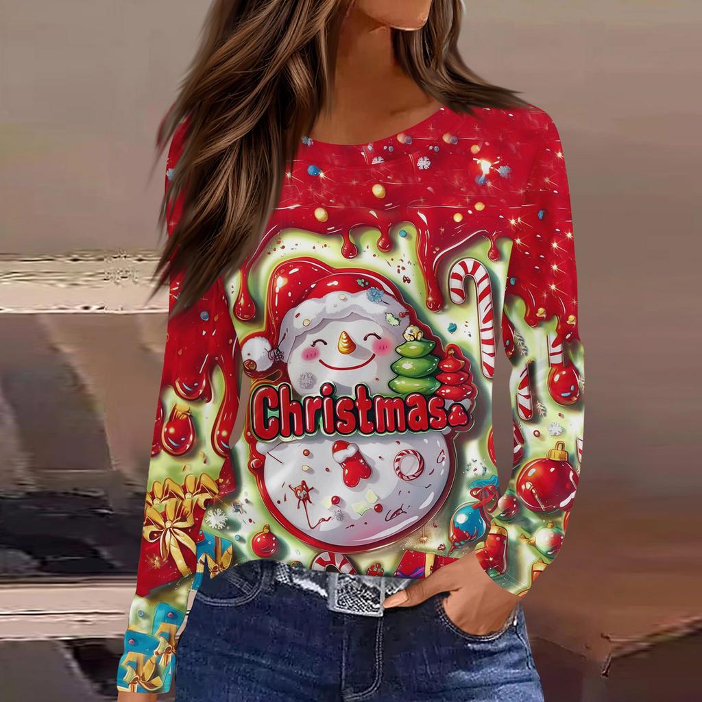 Women's Fashion Casual Slit Hem Round Neck Long Sleeve Loose Printed T-Shirt Ladies Top