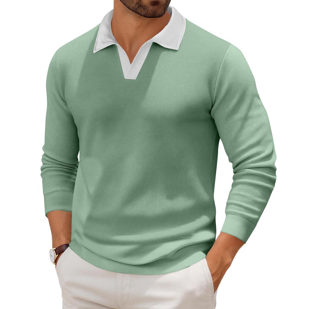 Мужской повседневный трикотажный базовый топ с длинным рукавом и воротником в стиле колор-блок