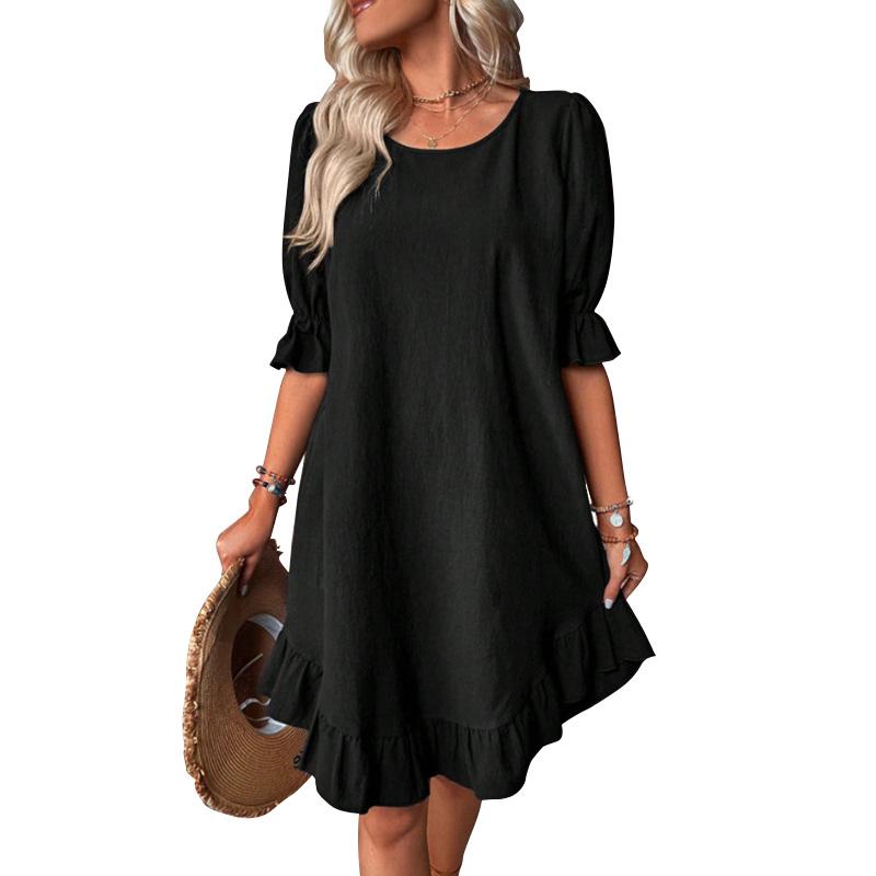 Женское винтажное хлопковое льняное платье со средним рукавом и круглым вырезом, однотонная юбка, платье со свободным подолом, кружевные платья