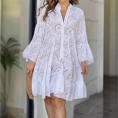 Европейская и американская женская мода больших размеров белое платье с ажурным узором и эффектом похудения