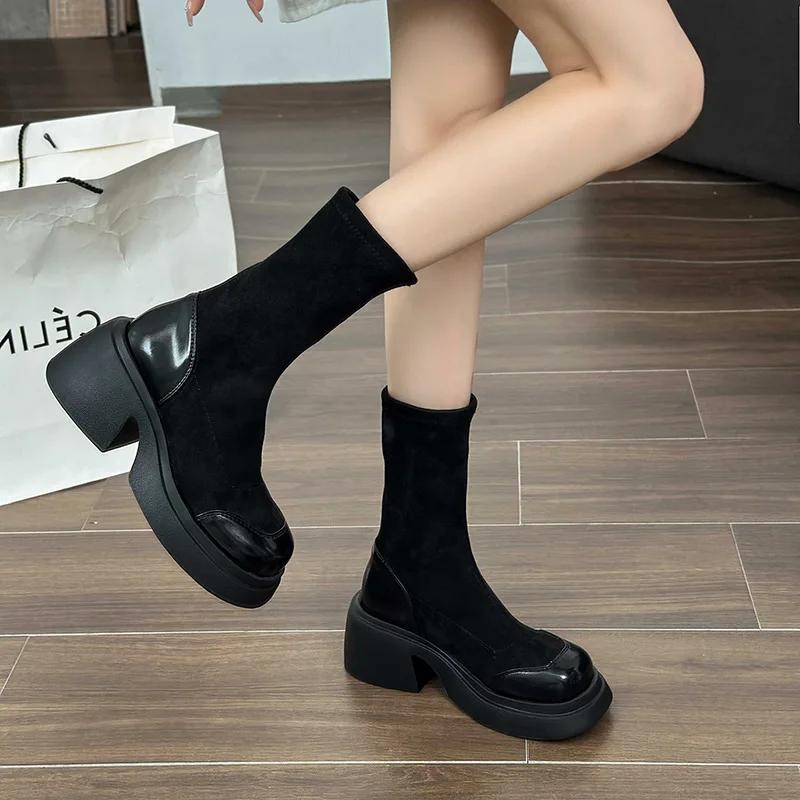 2024 Women Mid-Calf Boots Autumn Women's Black All-match Platform Long Boots Winter Slip On Short Plush Women Chunky Heel Boots