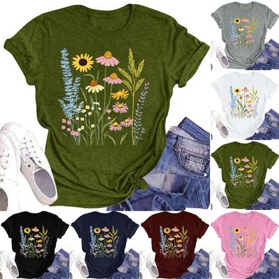 Женская повседневная футболка с круглым вырезом и цветочным принтом, короткий рукав