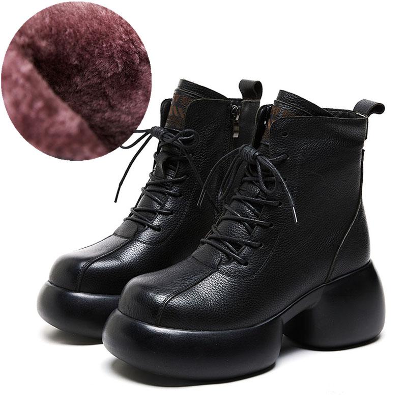 Fashion GKTINOO Women Genuine Leather Thick High Heel Ankle Boots Genuine Leather Handmade Retro Platform Thick Plush Warm Casual Boots