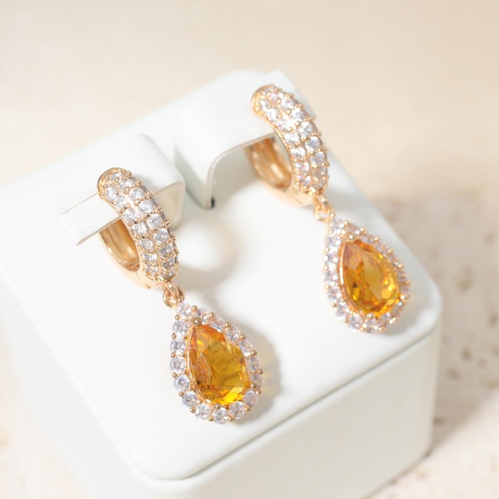 Sparkly Yellow Zirconia Teardrop Earrings for Women Fashion Earring Jewelry Wedding Party Accessories