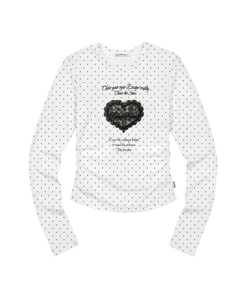 ESCAPEFROM Fake Lace Patch Print Dot Slim Fit Shirred Long Sleeve Ivory