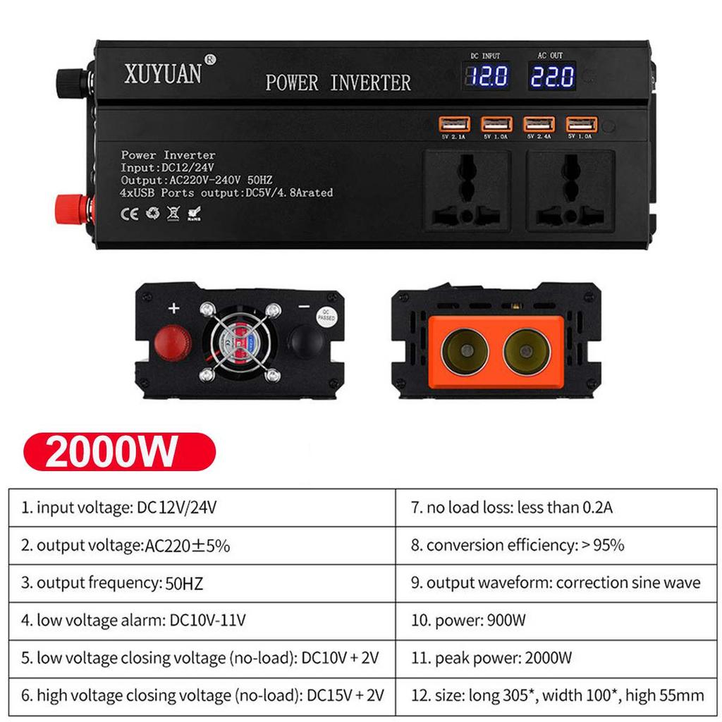 2000W Car Inverter 12V 24V To 220V Solar Home Power Converter With Digital Display Solar Auto Accessories