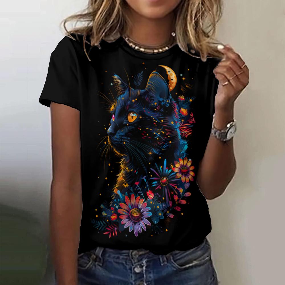 Летняя женская футболка с коротким рукавом и круглым вырезом, с принтом в виде черной кошки, футболка, пуловер, топ, модная уличная женская одежда