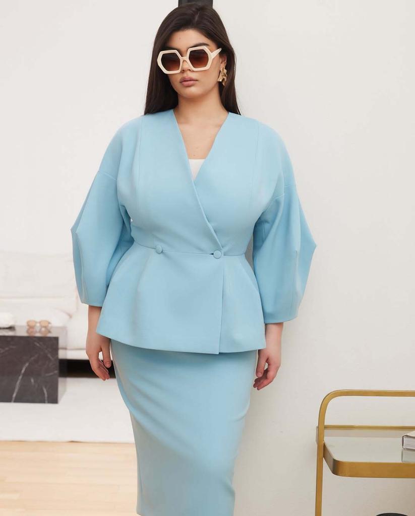 Women's White V-Neck Puff Sleeve Blouse with Slim Fit Skirt Set, Elegant Office Wear