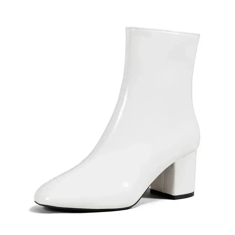 White Ankle Boots for Women Side Zipper Stretch Middle Heel Large Size Short Boot Fashion Pointed Shoes