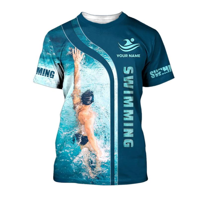 Футболка с графическим принтом для плавания с именем на заказ для мужчин, 3D-принт, короткий рукав, круглый вырез, одежда, подарок для любителей плавания