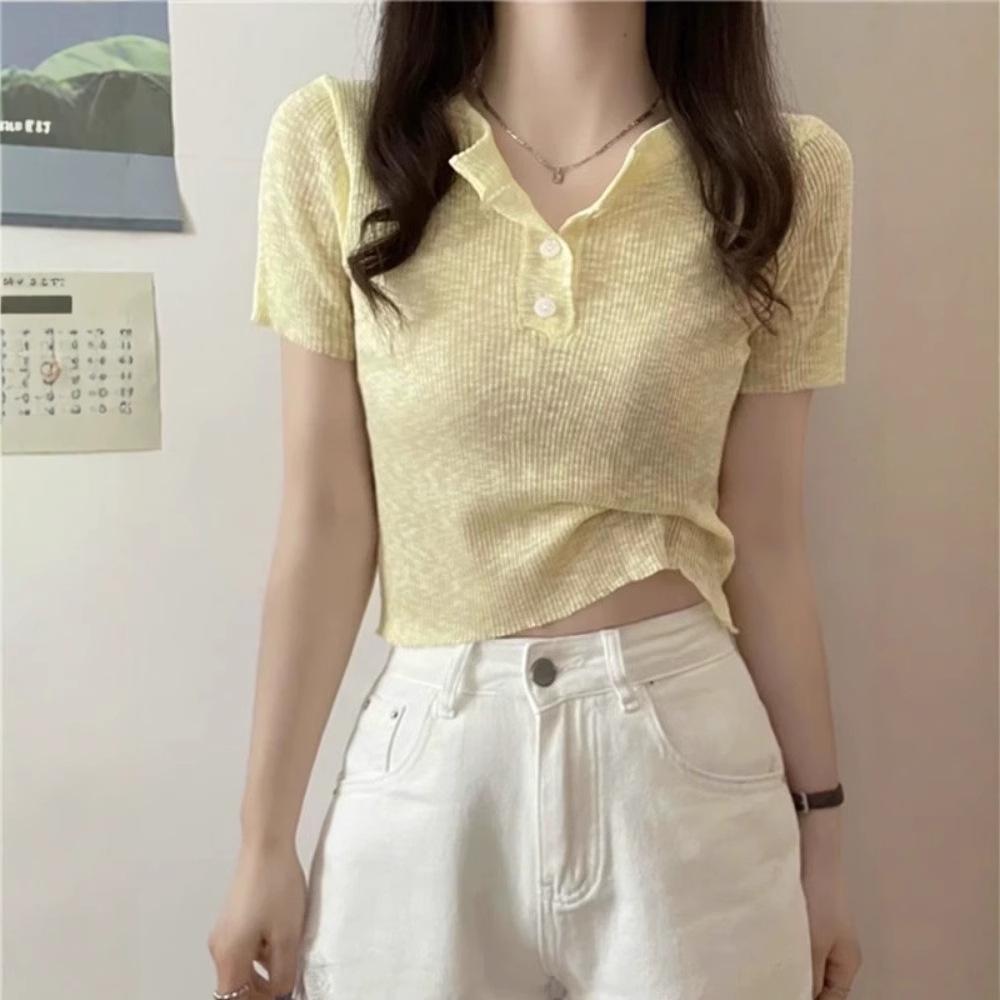 Вязаный свитер из ледяного шелка, короткий рукав, женская вязаная одежда, летние новинки, красивые французские короткие топы, которые популярны в этом году