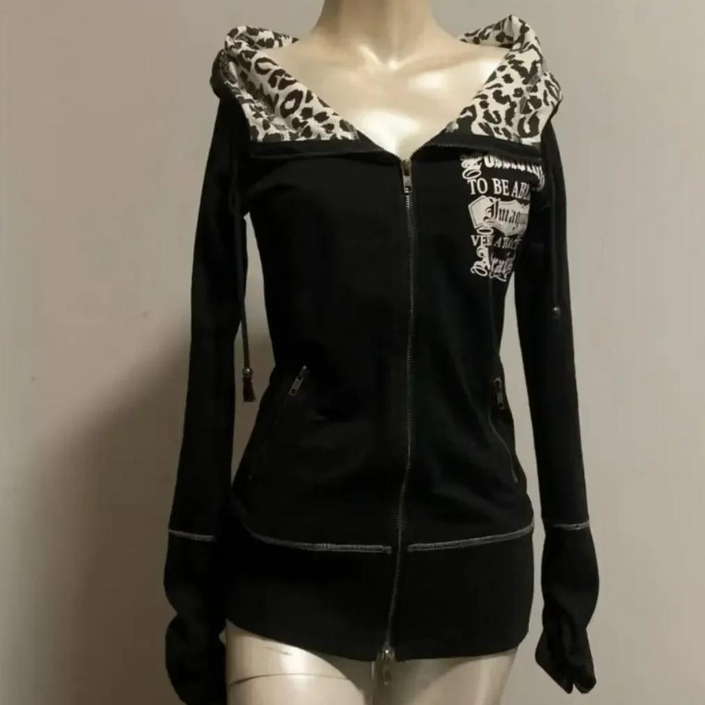 Gothic Punk Leopard Print Hoodie Harajuku Retro Slim Fit Spicy Girl Multifunctional Zipper Hoodie Hip Hop Fashion Sportswear