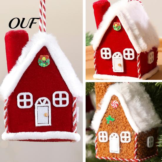 Tiered Tray Display Figurine Plush Christmas House Hanging Ornament, Fabric Gingerbread Cabin Pendant with Red And White Keepsake Rope, Xmas Tree for