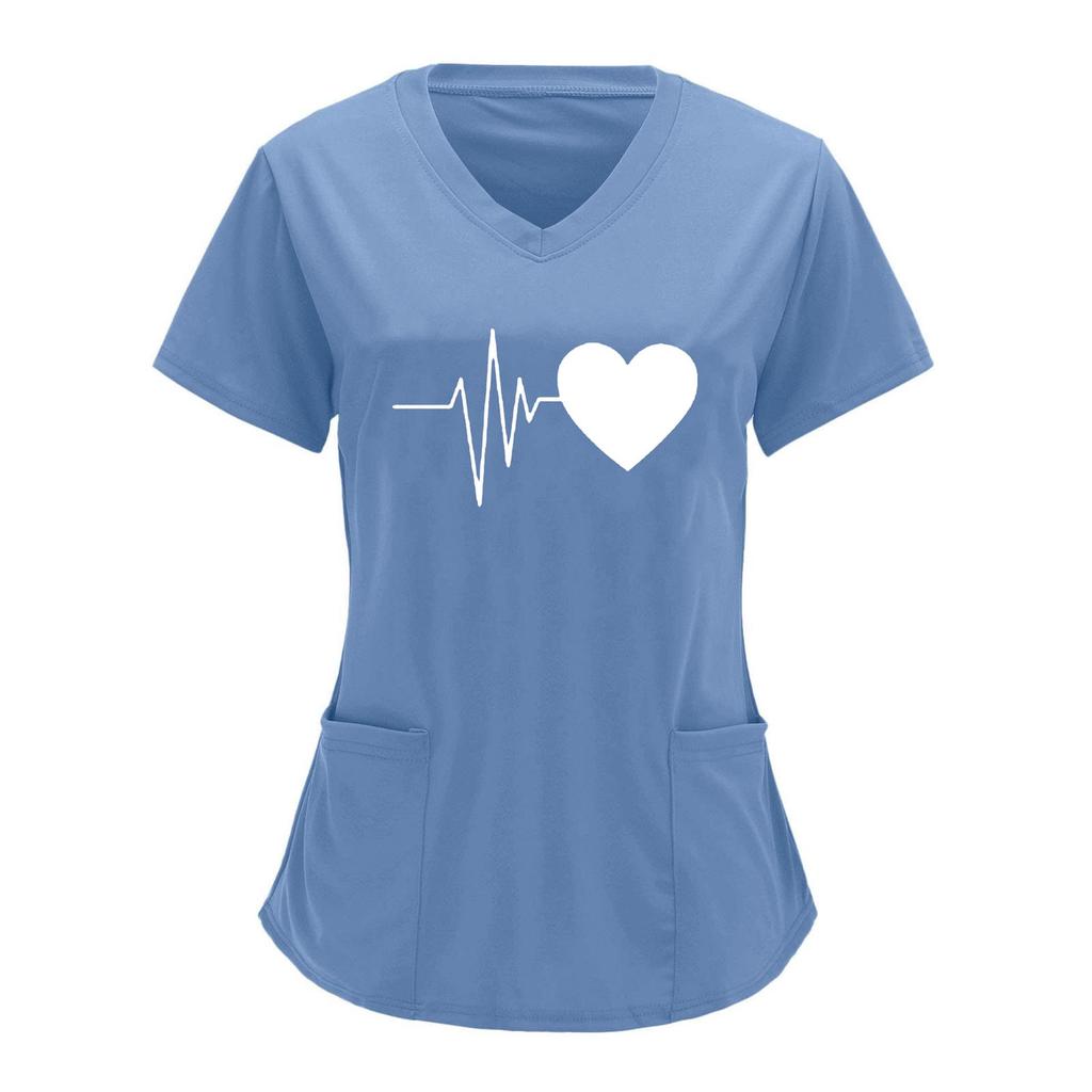 Униформа медсестры с принтом «Сердцебиение и любовь» в европейском и американском стиле, V-образный вырез, два кармана, футболка с коротким рукавом, большой размер