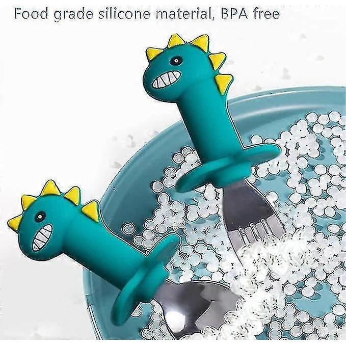 Preschool Dinosaur Silicone Fork And Spoon Set (green Long), Baby Training Self-service Feeder Easy To Grip Toddler Tableware Set, Suitable For Weanin