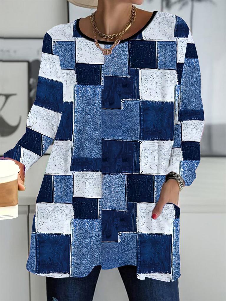 2025 Autumn Winter New Plus Size Women's Tops, Cowboy Pattern 3D Print Fashion Crew Neck Long Sleeve T-Shirts