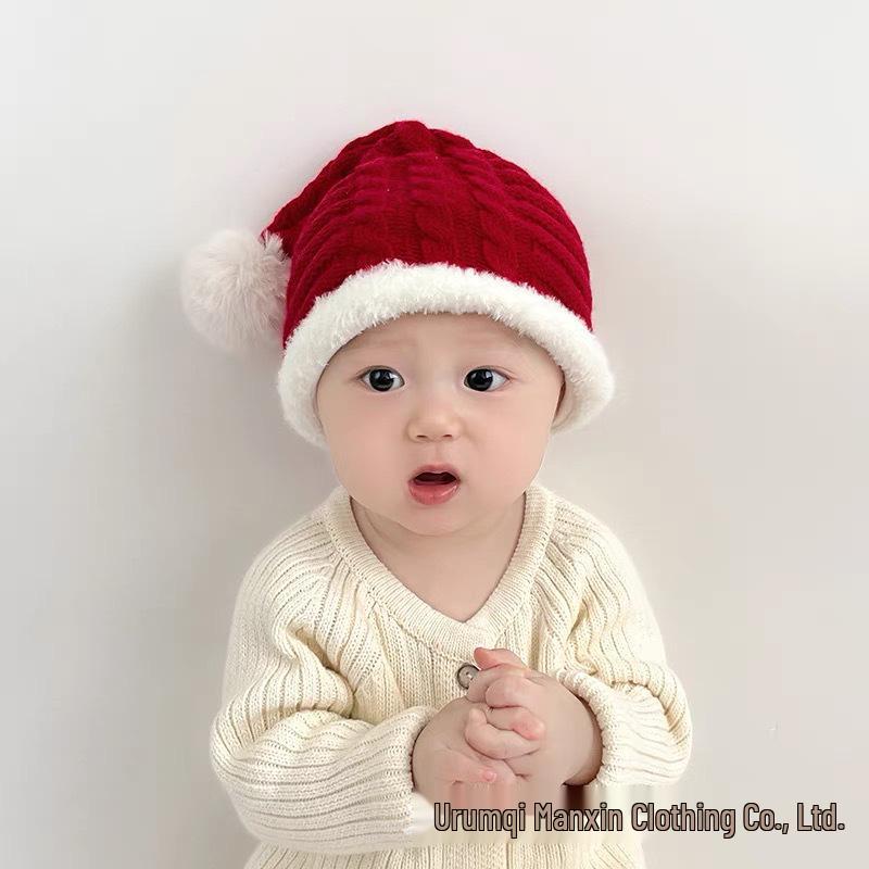 Детская праздничная теплая вязаная шерстяная шапка - Красный плюш для Рождества и Нового года