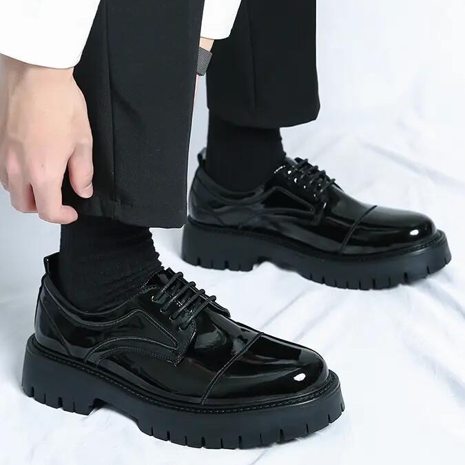 Leather shoes platform sole breathable British business dress teenagers big head shoes inner height increase wedding shoes
