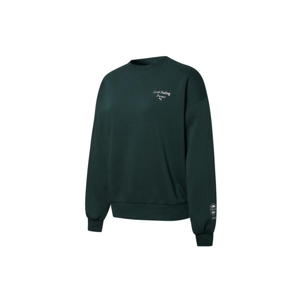 Puma Wellness Club Crew Embroidered Logo Fleece-Lined Sweatshirt Women Tops Dark-Green 534398-80