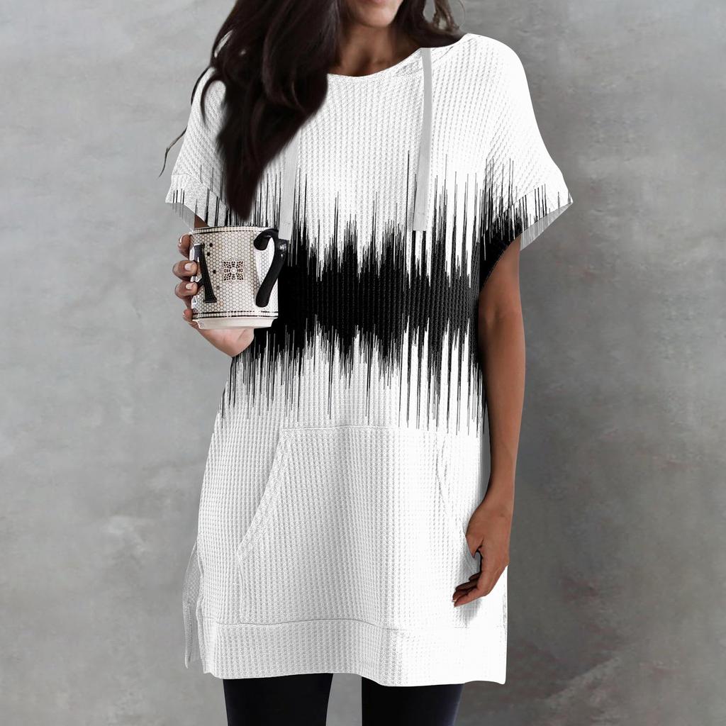 Женские свободные рубашки с принтом, толстовки с короткими рукавами и шнурком, вязаная туника с боковыми разрезами, топы с капюшоном и карманом