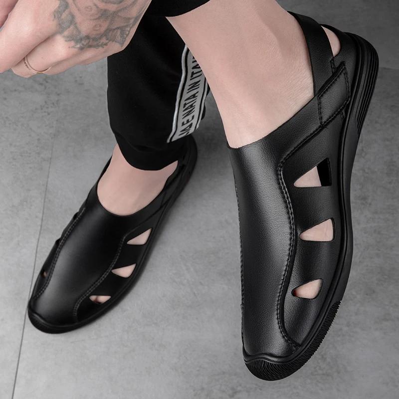 Fashion Summer Outdoor Mens Hollow Out Loafers Casual Leather Flats Breathable Slip On Business Driving Sandals Non-slip Men's Sandals