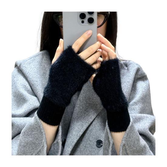 Женские перчатки без пальцев из искусственного меха с отверстием для большого пальца, полупалые перчатки, эластичные, теплые, зимние, для печати, письма, варежки