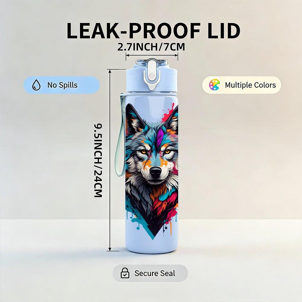 1PC Colorful Wolf Beast Animal Pattern 750ml Color Plastic Sports Water Bottle Leakproof Flip Straw Lid Suitable for Sports Office Home Use
