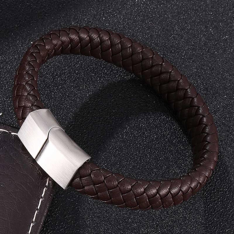 Black Punk Bangles Men Bracelet Brown Leather Bracelet Male Stainless Steel Clasp Fashion Wristband Gift