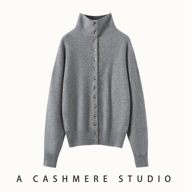 Womens Cashmere Blend Knit Cardigan High Neck Loose Fit Winter Coat Single Row Multi Button
