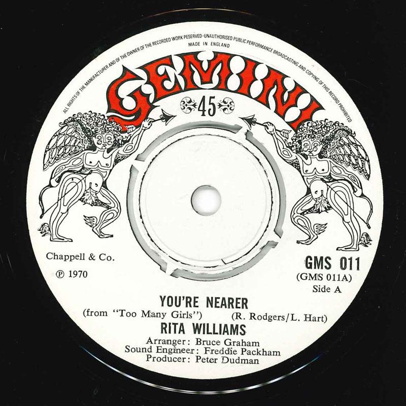 7-дюймовая пластинка RITA WILLIAMS Youre Nearer GMS011 GEMINI 1970 UK Саундтреки Мюзиклы Б/у