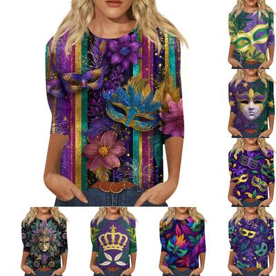Женская модная повседневная футболка с круглым вырезом и рукавом три четверти с карнавальным принтом